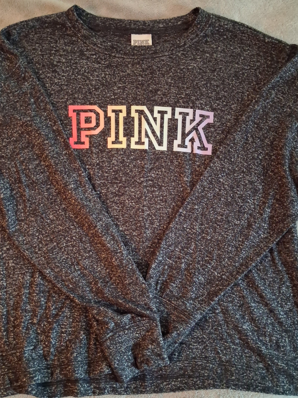 Womens PINK Victoria's Secret Black Marled Crewneck Sweater with Rainbow Logo